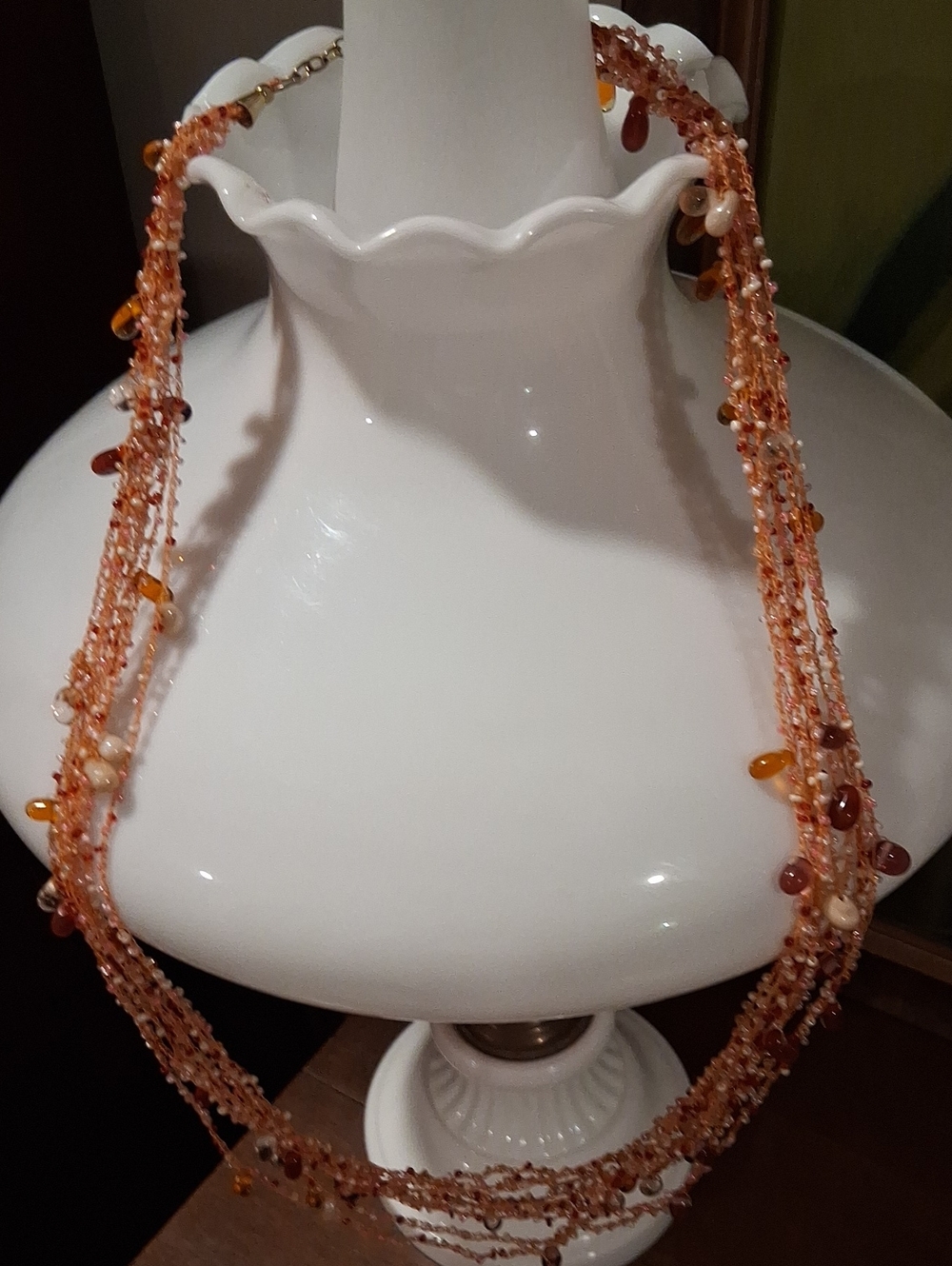 Multi-Strand Peach Crystal and Amber Bead Necklace - Unbranded